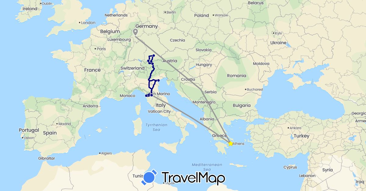 TravelMap itinerary: driving, plane in Austria, Germany, Greece, Italy (Europe)